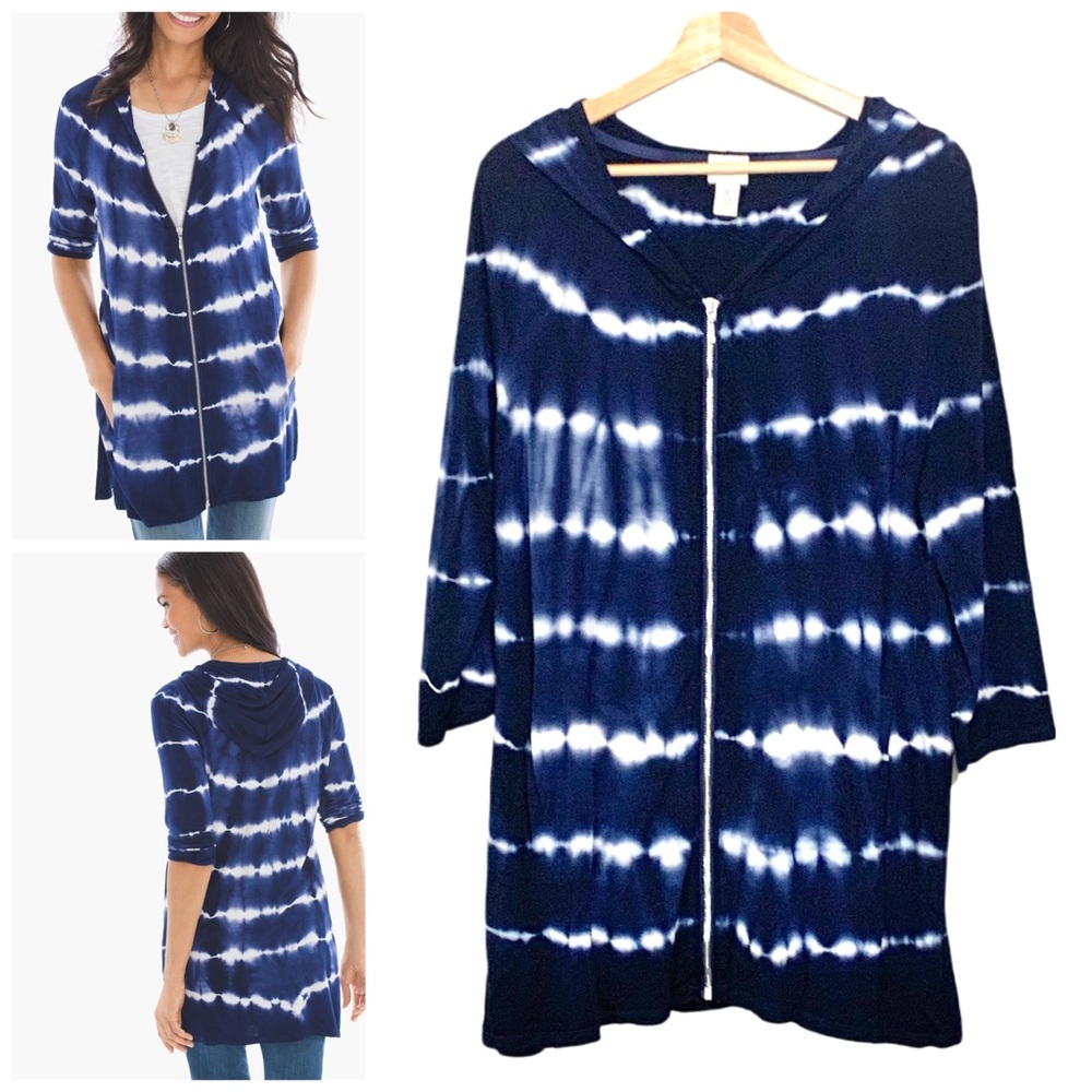 Chico’s Navy and White Tie-Dye Zip Up Hooded Jacket Size Medium Lightweight